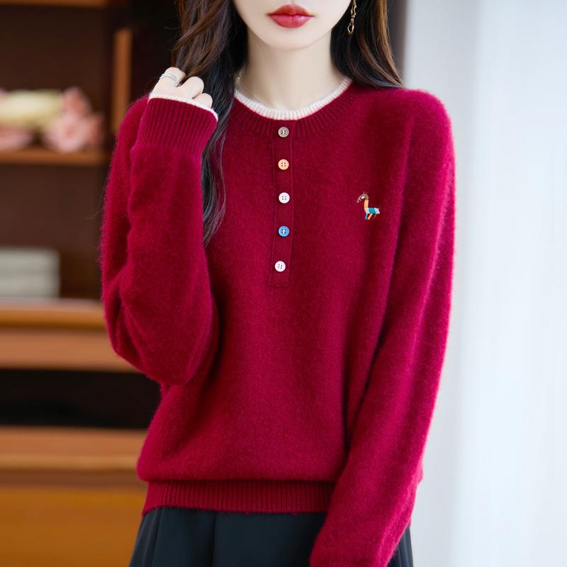 Women's 2025 Autumn/Winter 100% Wool Embroidered Sweater with Round Neck and Colorful Buttons