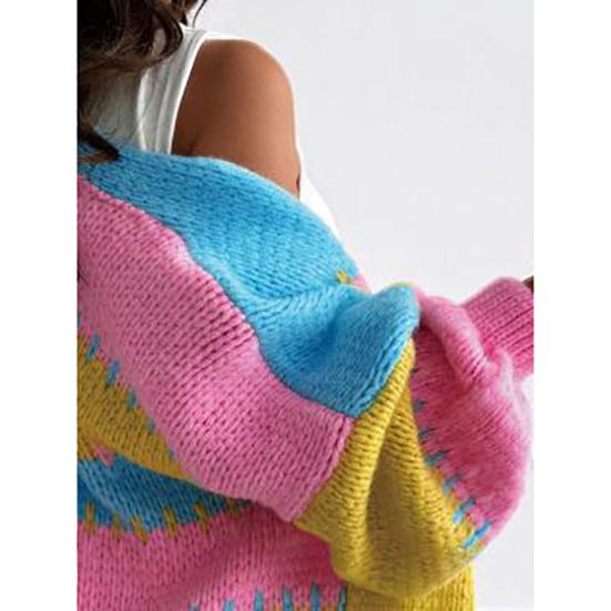 Autumn Winter Color Block Patchwork Cardigan for Women Loose Casual Colorful Sweater Knitwear Jacket Coat