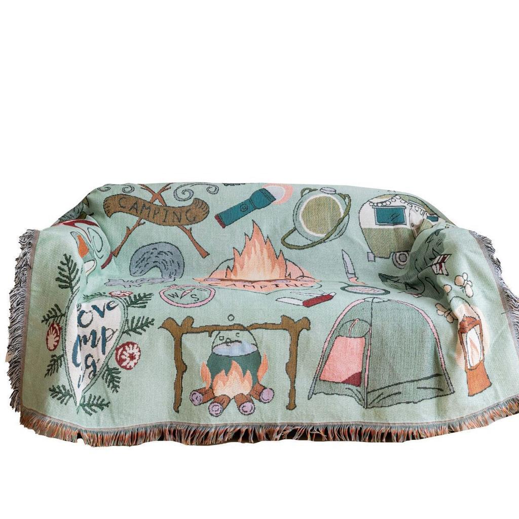 On Sale Torch Camping Decoration Gift Single Person Sofa Picnic Customization Blanket Tapestry with Colorful Tassels