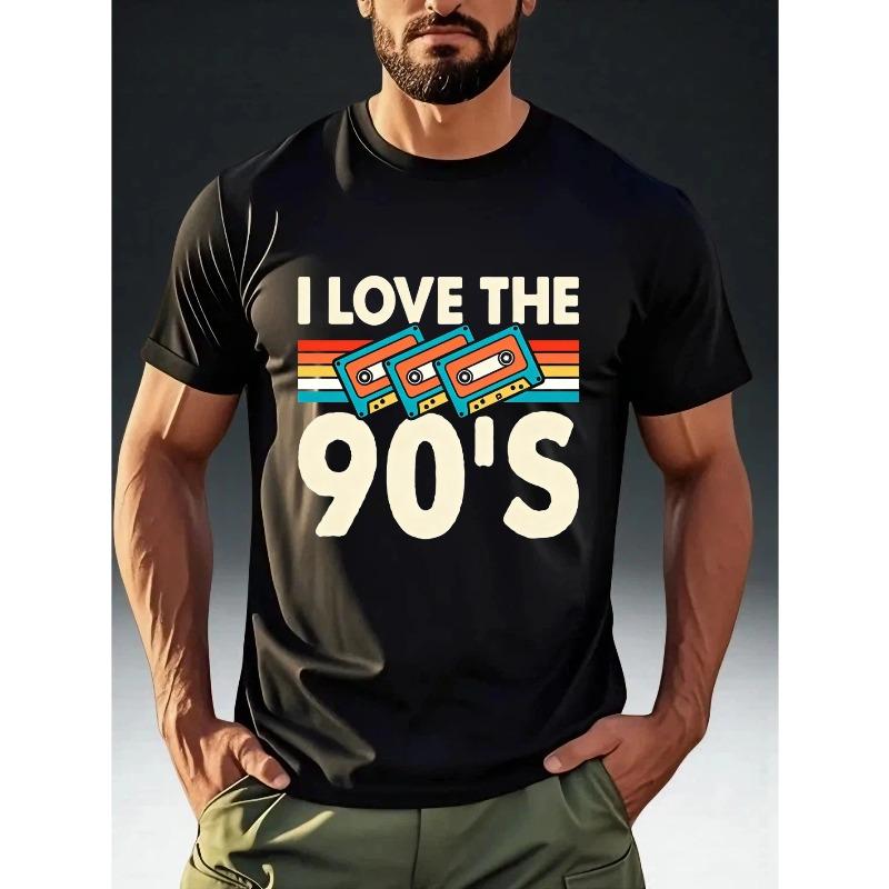 

Men S Retro Nostalgic Style T-Shirt, I LOVE THE 90 S Cassette Print, Eye-Catching Trendy Design, Comfortable Skin-Friendly Top 4XL чорний