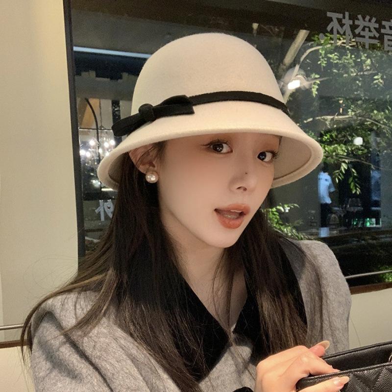 New French Hepburn style bow top hat women's autumn and winter pure woolen basin hat temperament advanced sense bucket hat