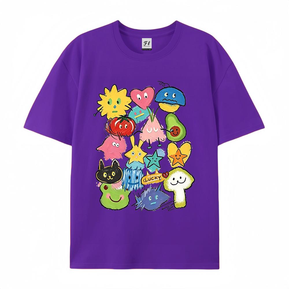Unisex Buntes Doodle Cartoon Grafik T-Shirt Glückliches Monster Fruchtprint Oversize Dopamin Sommer Lässiges Kurzarm-T-Shirt