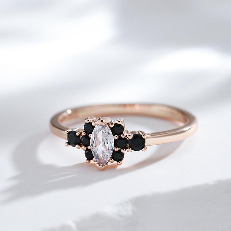 Unique Black With White Natural Zircon Ring For Women  Rose Gold Color Vintage Wedding High Quality Fine Daily Jewelry