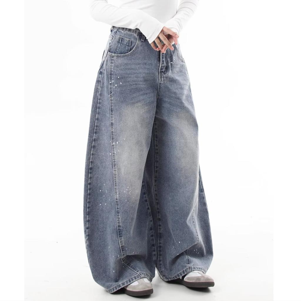 Washed jeans men's and women's casual loose lumberjack scimitar silhouette banana pants wide leg trend