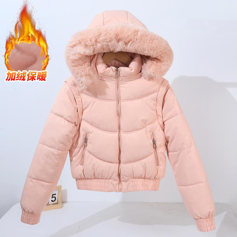European and American autumn and winter new large fur collar live sleeve cotton clothes women's slim fleece short thickened jacket