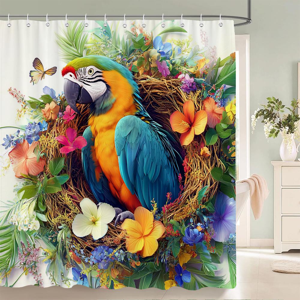 Tropical Plants, Flowers and Birds Shower Curtain for Bathroom Plant and Floral Decorative Shower Curtains with Hooks