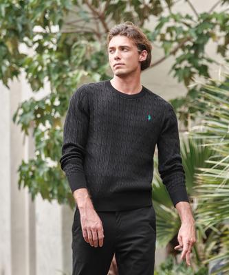 USPOLOASSN Cotton Long Sleeve Cable Round Knit_Black