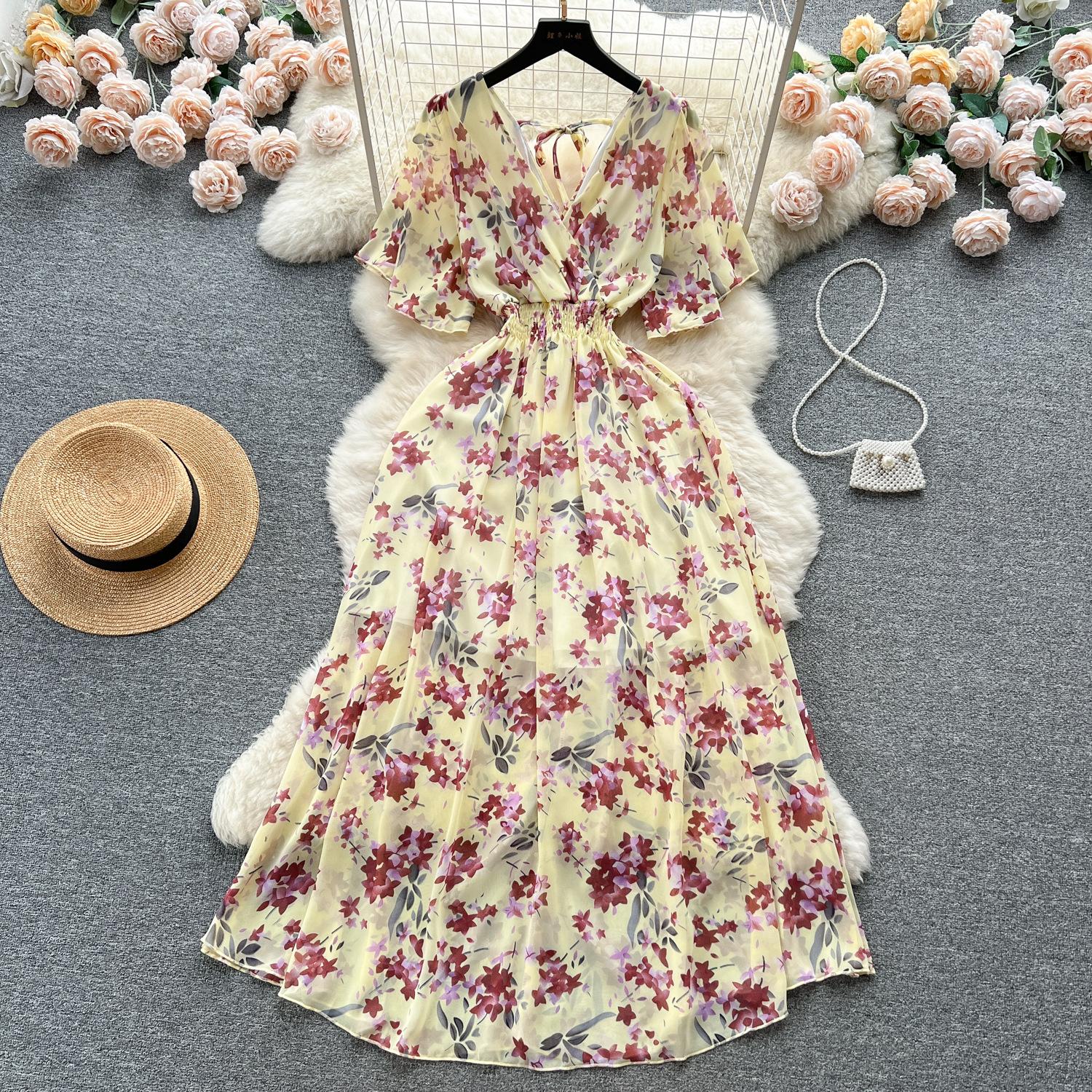 

Женское шифоновое длинное платье с цветочным принтом, корейское вечернее платье трапециевидной формы с v-образным вырезом и короткими рукавами, летние пляжные платья в богемном стиле One Size