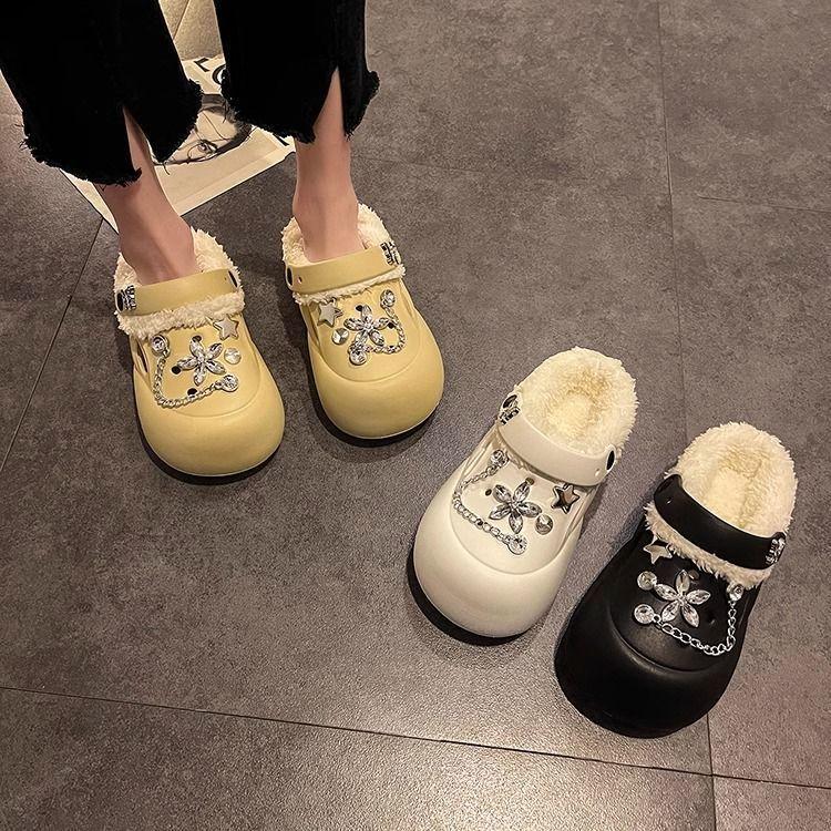 Height-increasing Waterproof and Velvet Thick-soled Hole Shoes, Warm Fluffy Shoes, Five-pointed Star Cotton Slippers, Women's 2025 Winter New Models