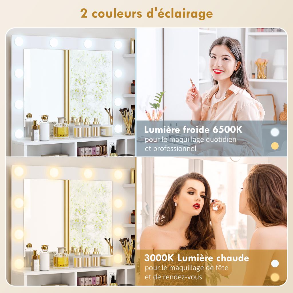Dressing Table With Mirror And 10 LED Lights Adjustable Brightness Drawer Cupboard And Open Shelves 80x40x135cm White
