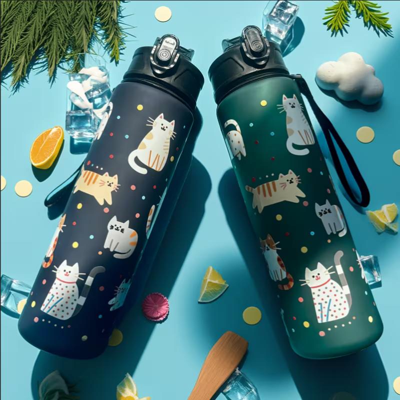 750ML New Stylish Matte Plastic Cat Water Bottle-Large Capacity Portable Sealed Sports Bottle for Fitness Leak-Proof Water Cup 1