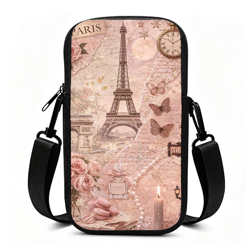 Vintage Aesthetic Paris Eiffel Tower Rose Floral Crossbody Phone Bag, Elegant Butterfly Print Small Shoulder Purse, Christmas Gift Birthday Holiday De