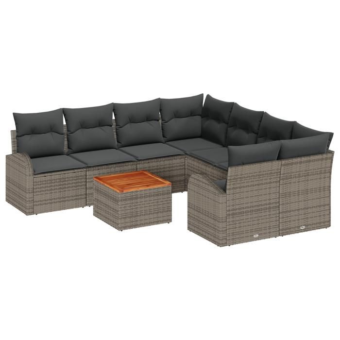 Ensemble de canapé de jardin 9 pièces avec coussins Gris Poly Rotin Acacia, Canapé de jardin 2 places avec rangement 3356228