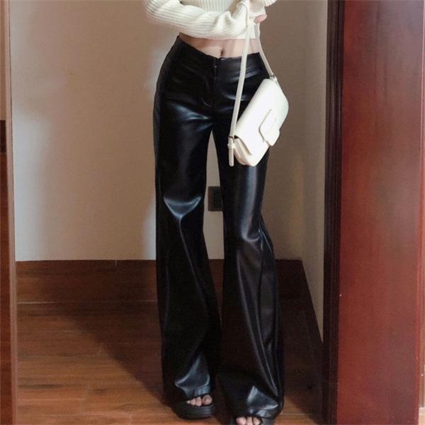 Women's Plus Size High Waist Black PU Leather Flared Pants - Pear-Shaped, Wide Leg, Floor-Length, Autumn Collection