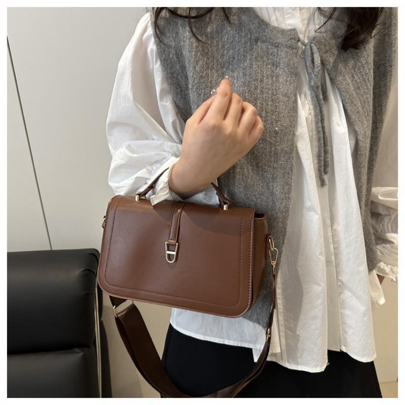 Fashionable Minimalist Crossbody Bag with Top Handle and Flap for Women - Solid Color Square Purse Simple Design Shoulder Bag