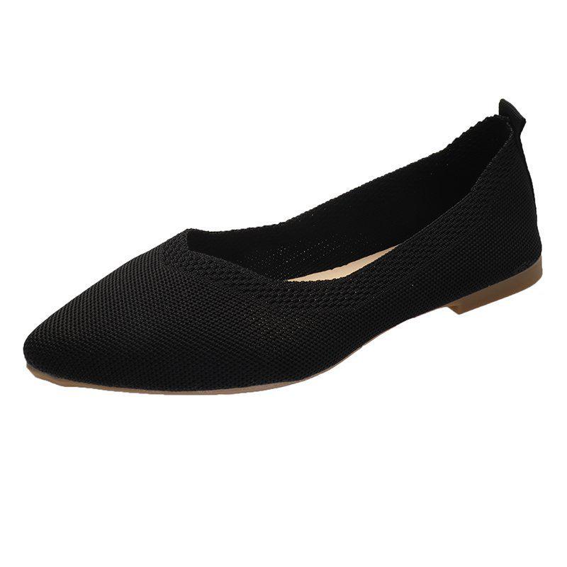 Solid Color Pointed Toe Women's Slip-On Flats - Breathable, Low Heel, Casual Knit Design