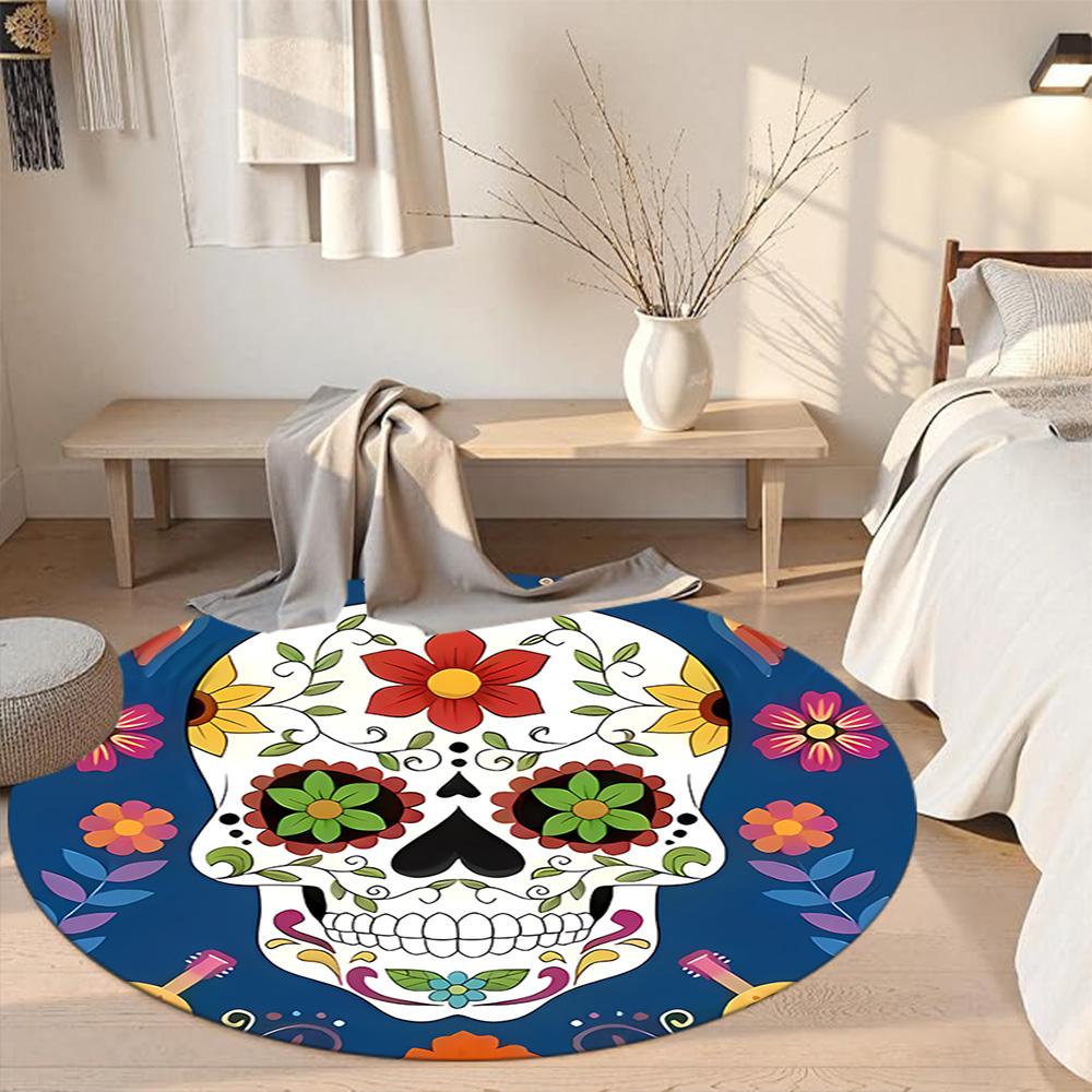 Skull Round Floor Mat Suitable for Outdoor Hallway Entryway Kitchen Antislip Round Carpet Anime Office Decor