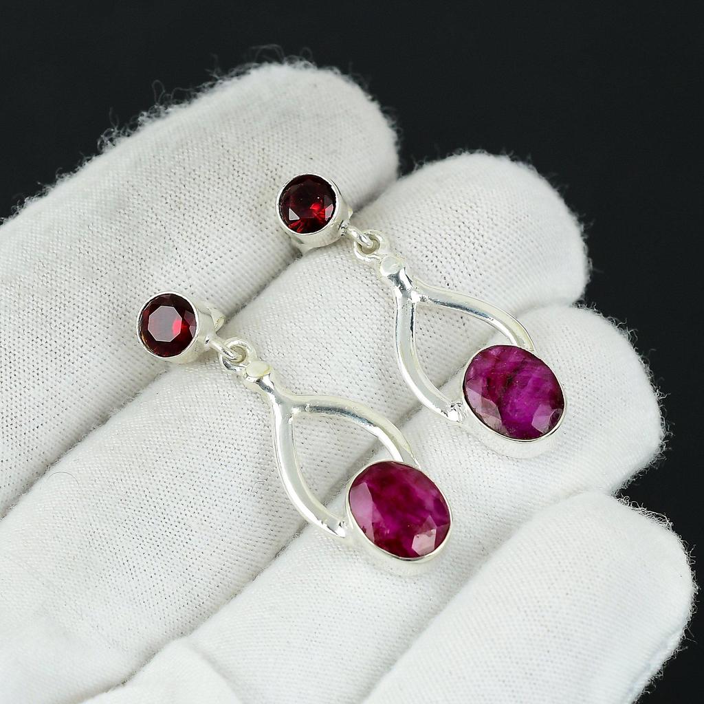 Beautiful Kashmir Ruby, Red Garnet Gemstone Earrings, 925 Sterling Silver Earring, Handmade Boho Silver Jewelry Dangle Earrings, Easter Gifts