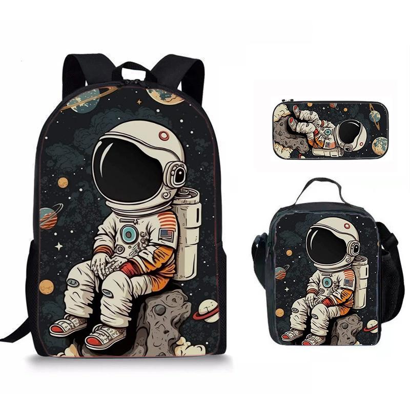 Astronaut astronaut anime karakter rugzak met drie vakken, icepack, etui opbergruimte, schoolrugzak, casual en modieus black