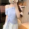 T-shirt Estiva da Donna a Maniche Corte Scollo Bardot 2025 Nuova Top Pieghettato Monocolore