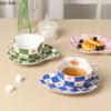 Rural Style Flower Ceramic Mug Retro Grid Coffee Cup and Saucer English Afternoon Tea Flower Tea Cup Breakfast Cups Water Cups