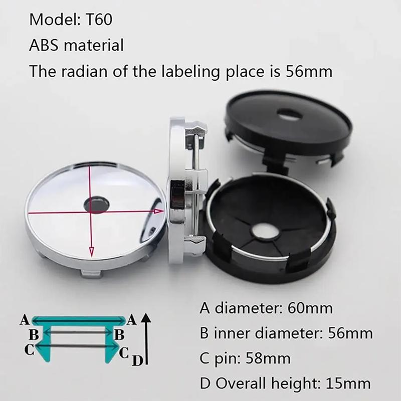 4 Stück T60 Universelle Auto-Modifikation Radnabenkappen, Verchromte Radmittelkappen, Außendurchmesser 60MM, Mittelkappen