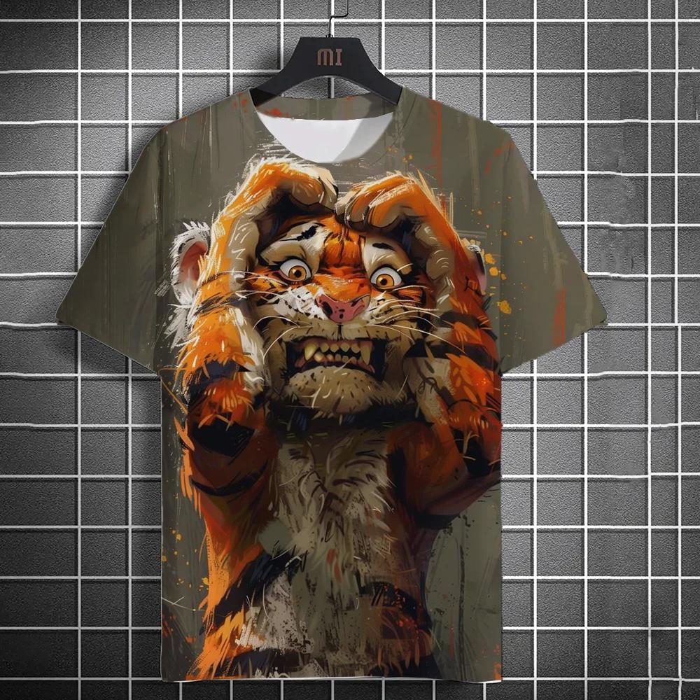 New Fashion Men's Clothing Casual T-shirt 3D Printing Fun Animal Tiger Print Short Sleeve Street Fashion Round Neck Tops