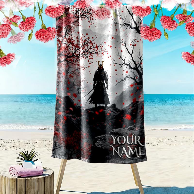 Name Custom Japanese Samurai Print Beach Towel, Large Soft Quick Dry Towel for Beach Camping Swimming