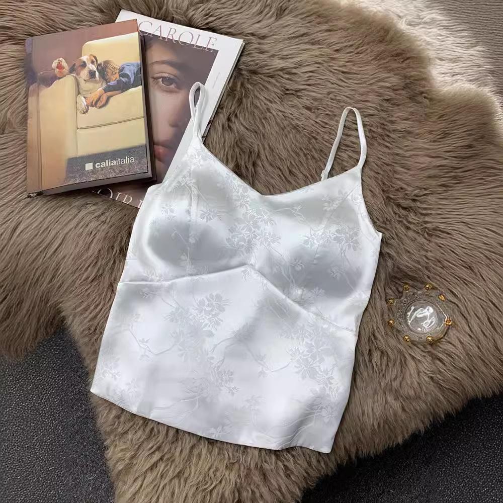 Women's V-Neck Satin Camisole with Chest Pads - Chinese Style Innerwear & Outerwear