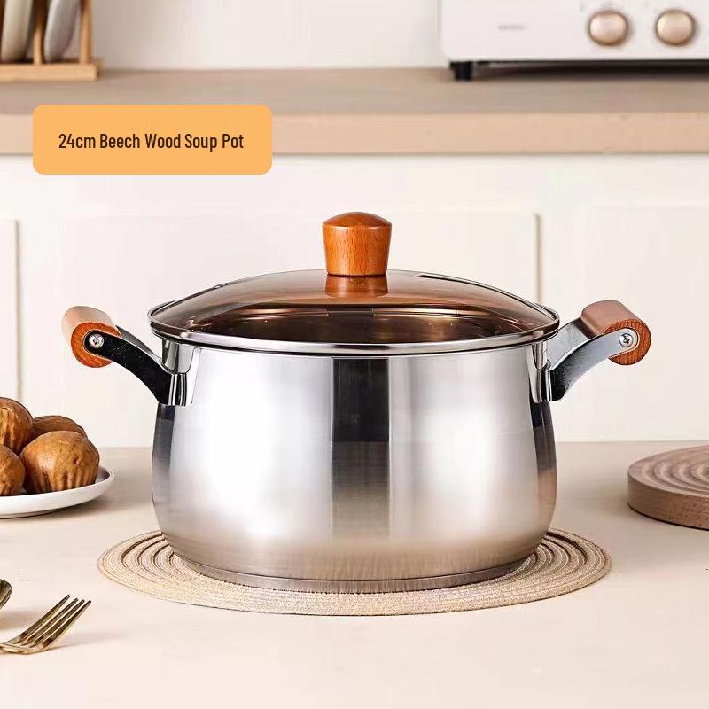 Beech Wood Handle Cookware Set: 5PC Stainless Steel Pot Set with Milk Pot, Double-Ear Soup Steamer, and Gift-Ready Packaging.