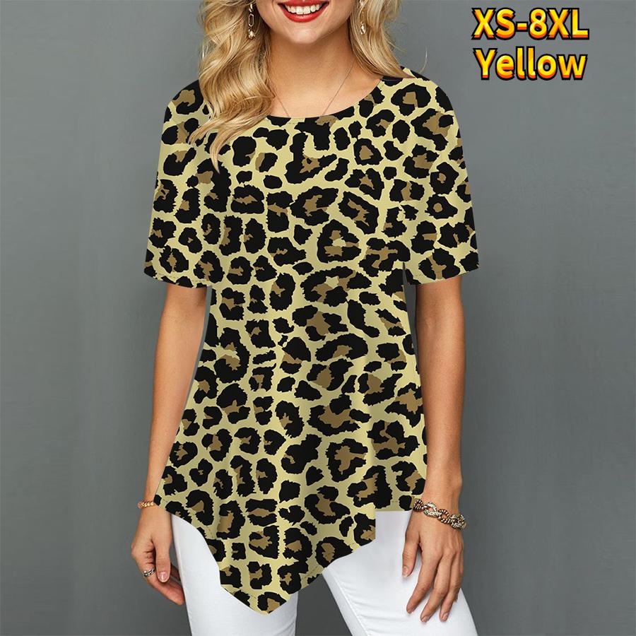 

Женская пикантная заостренная юбка с леопардовым принтом и круглым вырезом для зрелых темпераментов, женская повседневная юбка с короткими рукавами, летний топ S-8XL 2XL