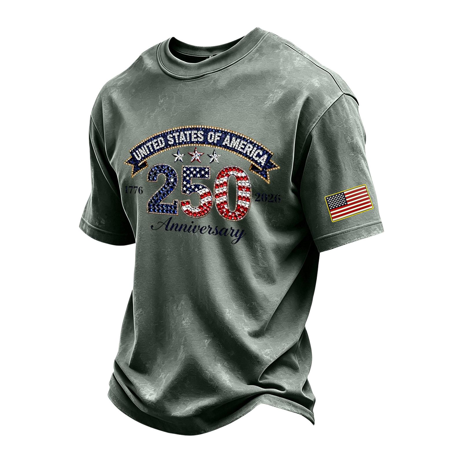 

Men s Vintage Washed Crew Neck Short Sleeve T Shirt with Anniversary Print and Sleeve Patch for Casual Wear XXXL