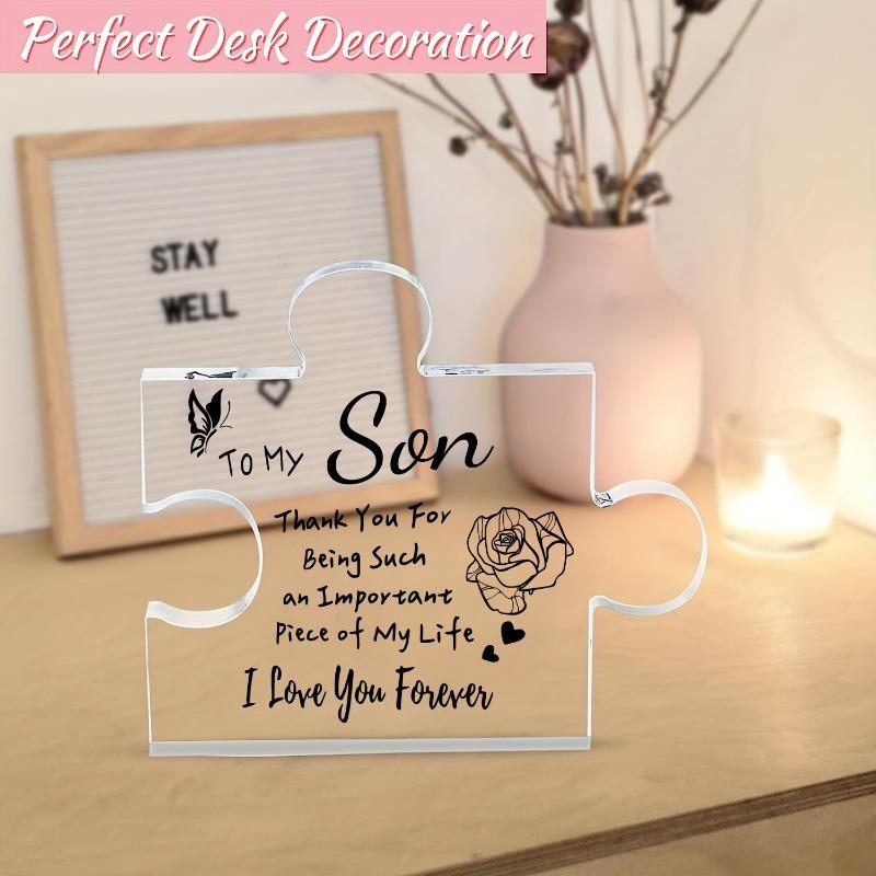 Mom to son gift: acrylic jigsaw puzzle plaque. Christmas/birthday, Father's Day/graduation/anniversary/wedding gift. Desk decor.