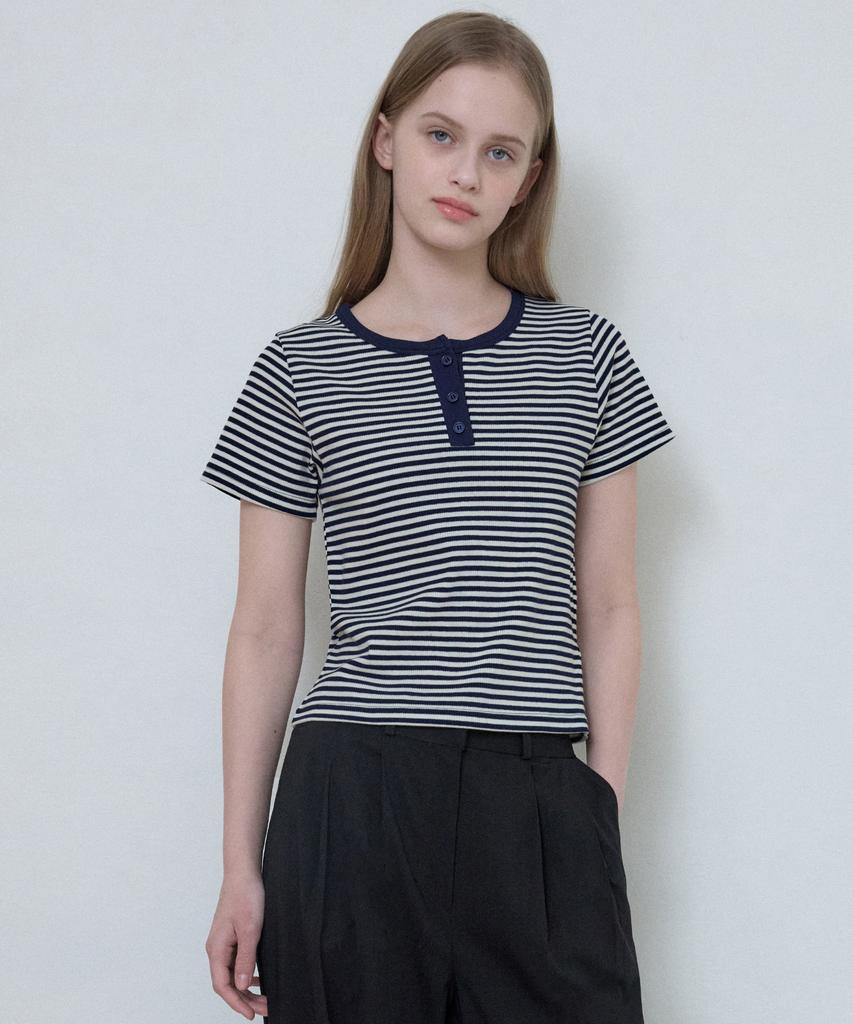 Wednesday Oasis For Woman Loewe Henley Neck Striped T-Shirt_Navy(W25-Tp24)