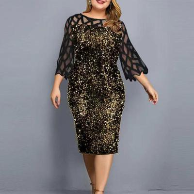 Damekjole Paljett Mesh Søm Bodycon Hul 3/4 Erm O-hals Midi Kjole for Bryllup