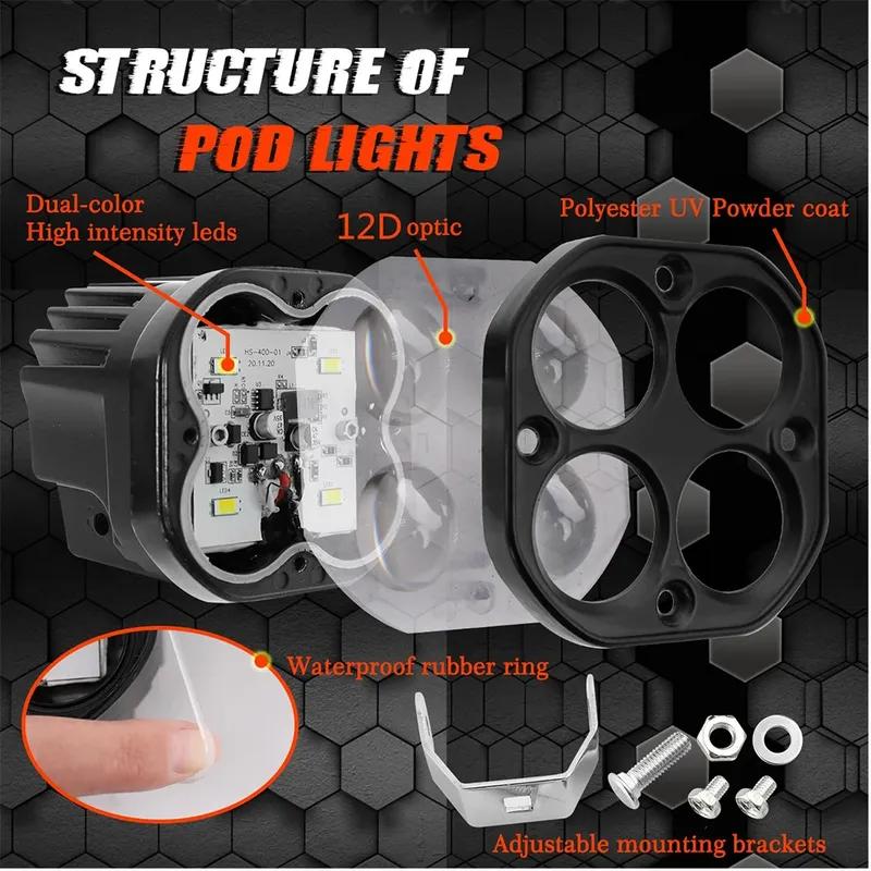 Super Bright 3 Inch Dual Color LED Spotlights 200W Fog Lamp Headlight Accessory For Motorcycle Truck Car SUV ATV 30000LM 24V 12V