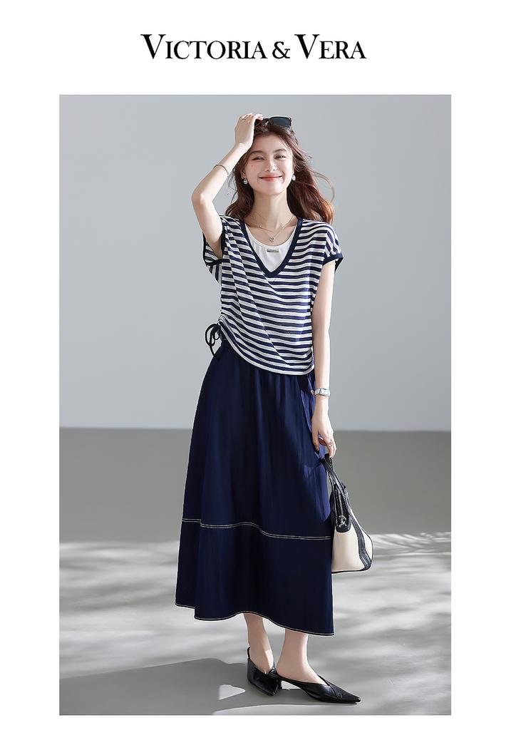 Light Oxygen Commuting Series Fake Two Piece Striped T-shirt Half Skirt Set