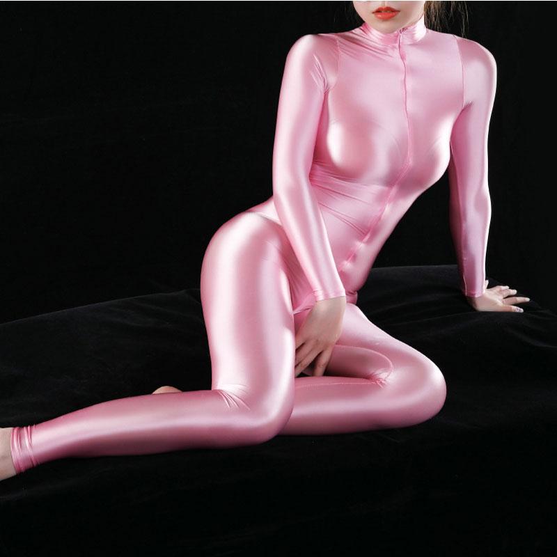Sexy Women Full Body Bodysuit Oil Gloosy Sexy Tights Shaping Thong Open Crotch Catsuit Sheer See Through Maid Leotard