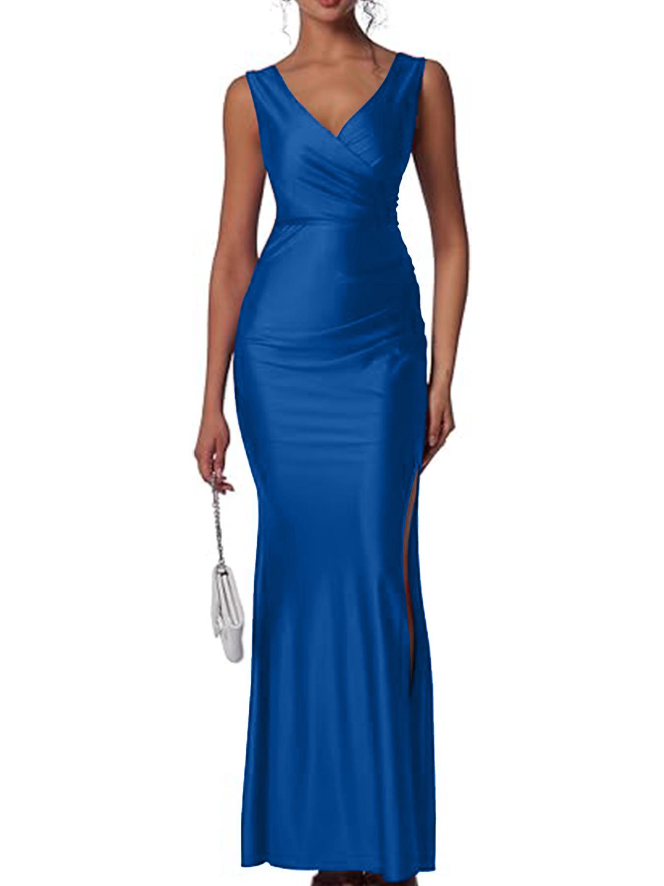 

Slim Fit Solid Color Satin Slit Dress - European & American Style Medium синій