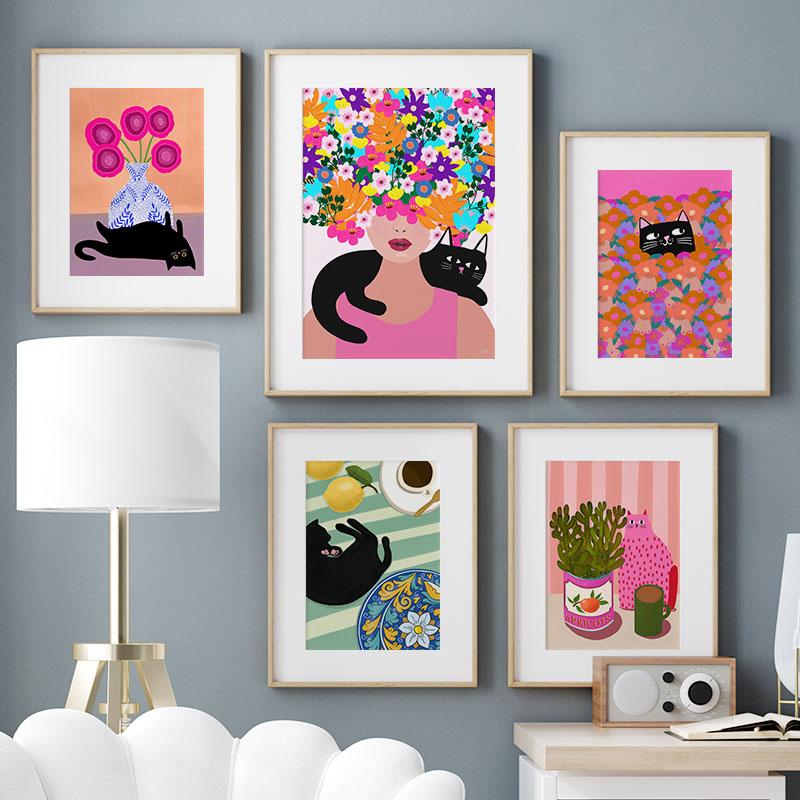 Boho Abstract Girl Vase Flower Black Cat Illustration Wall Art Canvas Painting Nordic Poster & Prints Pictures Living Room Decor
