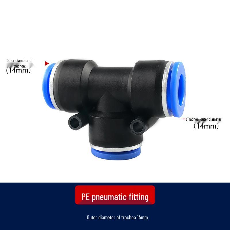 T-Type Pneumatic Hose Quick Connector, Push-in, PE Plastic, Sizes 4-16mm