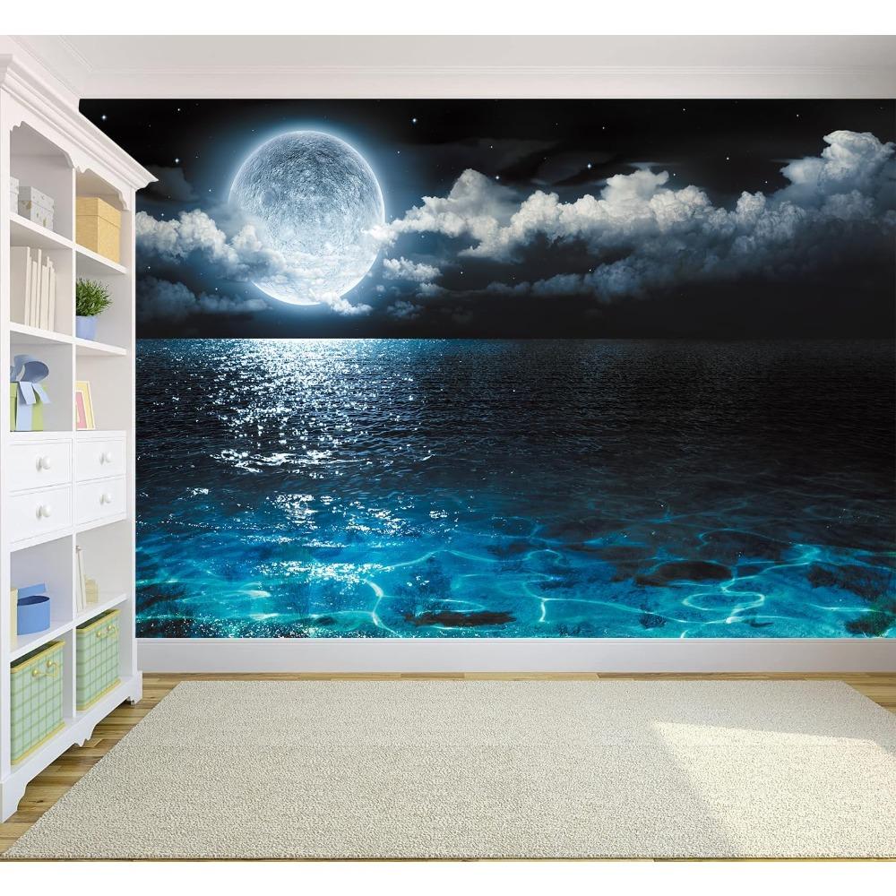 Night Ocean Wall Mural Sea Starry Cloudy Sky Wallpaper for Living Room Home Decor