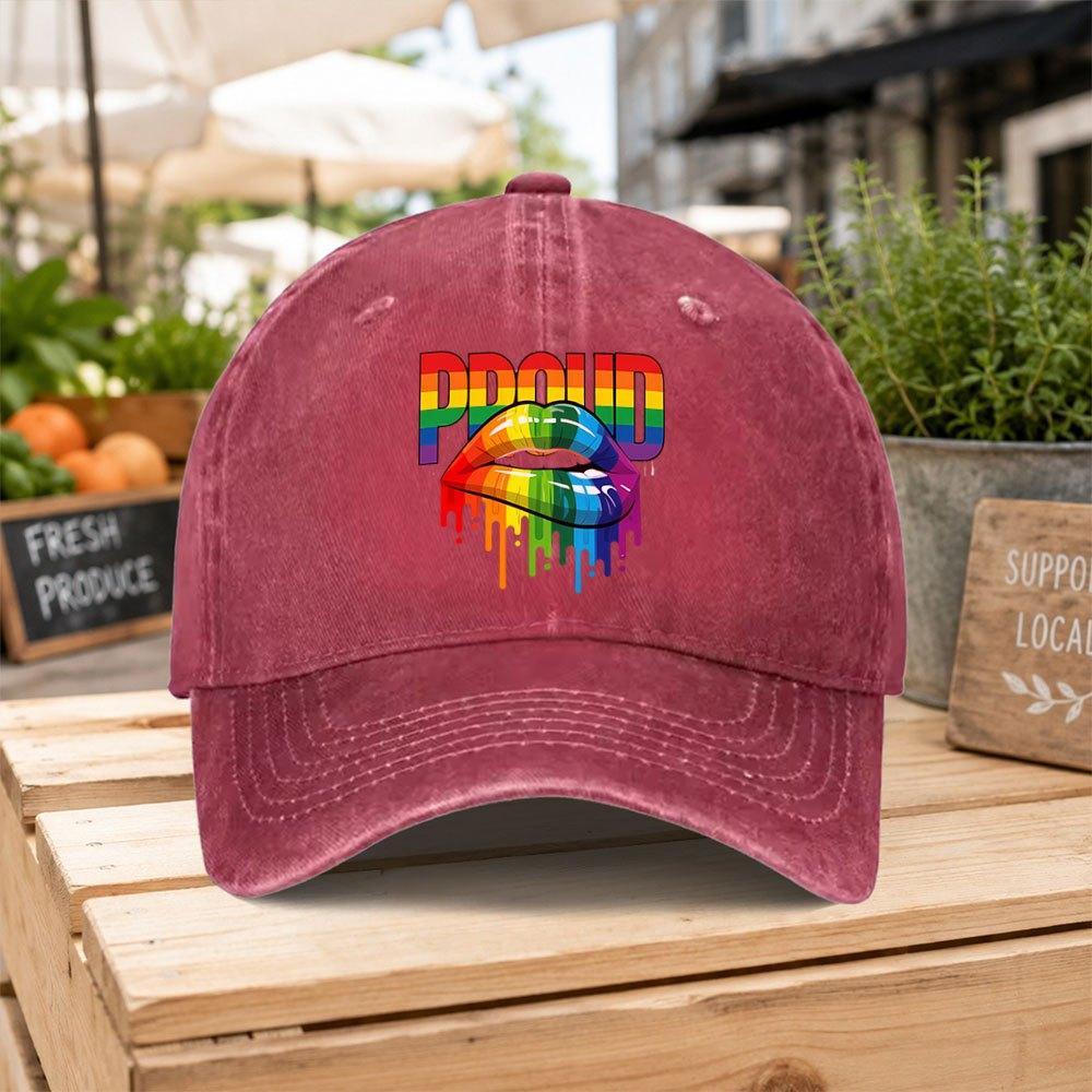 Rainbow Pride Lip Print Washed Baseball Cap Unisex Casual Dad Hat for Outdoor Hiking Daily Commute Casual Gatherings