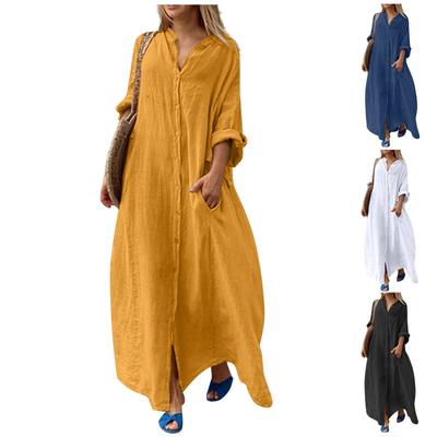 Women's Fashion Casual Pocket Solid Color Long Dress Casual Cotton Hemp Large Dress
