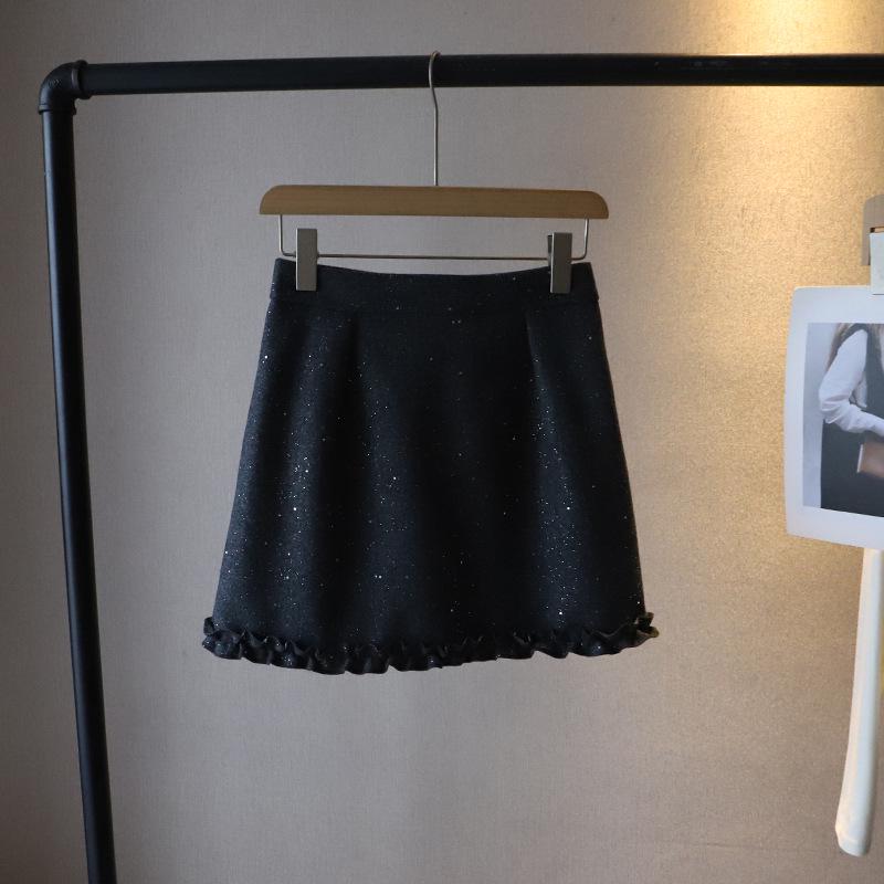 Bi Zheng 2024 Shiny Tweed Petite Slimming Lace Mini Skirt
