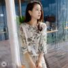 Botanical Print Chiffon Drawstring Sheer Sleeve Balloon J-Scott 3/4 Blouse, White, JS48-WH-XL