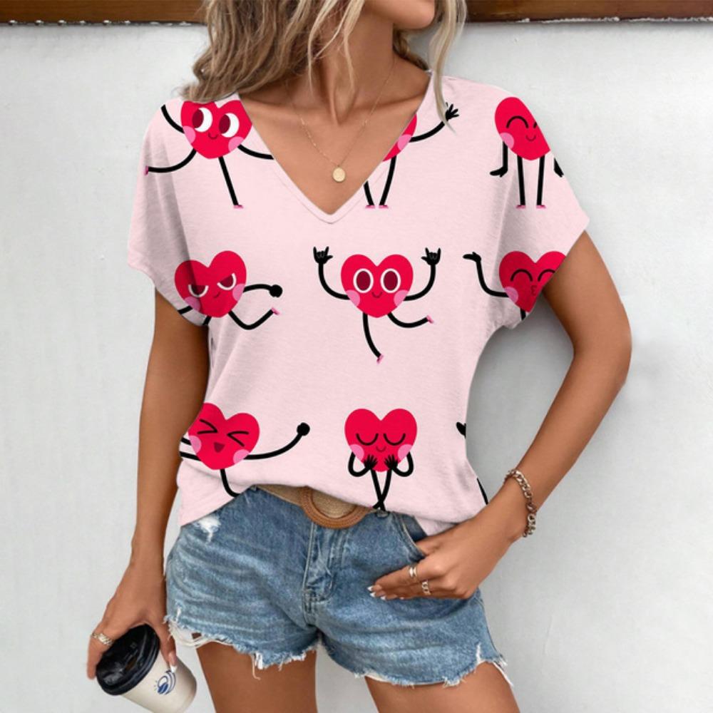 Fashion Heart-shaped Pattern Print T-shirt Leisure Elegant  V-neck T-shirt Women's Daily Comfortable Short Sleeved T-shirt