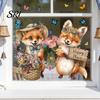 Renters Window Sticker Spring Fox Clings Cartoon Flowers Butterflies Glass Non-glue Decoration Removable Cute Animal Decals for Home Office Shop Decor