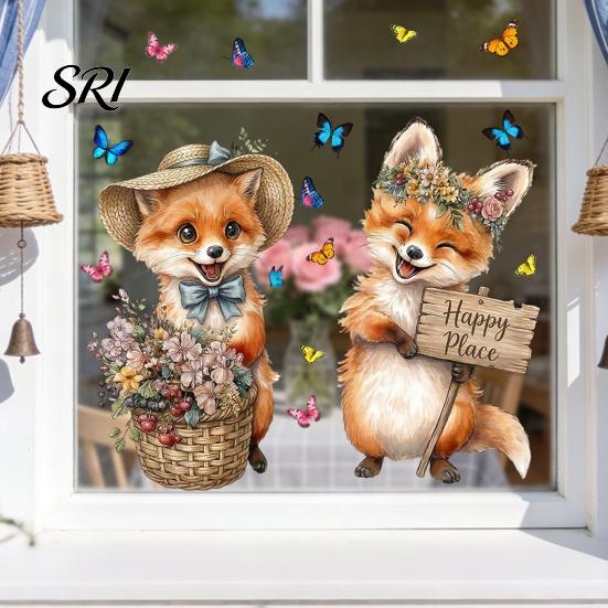 Renters Window Sticker Spring Fox Clings Cartoon Flowers Butterflies Glass Non-glue Decoration Removable Cute Animal Decals for Home Office Shop Decor