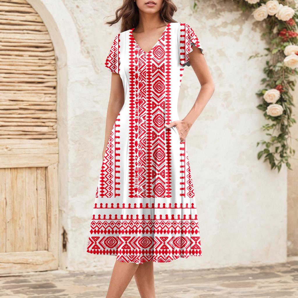 Rochie Midi Elegantă Retro de Vară pentru Femei cu Mâneci Volan V-Gât